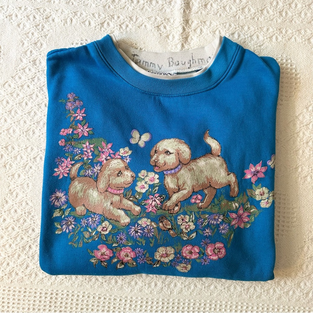 Vintage Dog Sweatshirt Crewneck Womens Medium Blue Puppy Floral Meadow Vtg READ - Picture 1 of 10